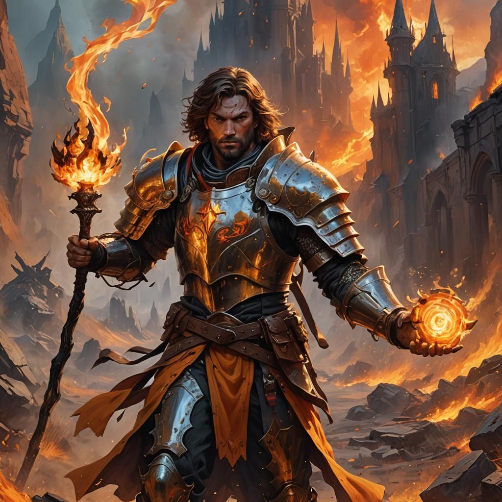 Fiery Cleric in Apocalyptic Landscape