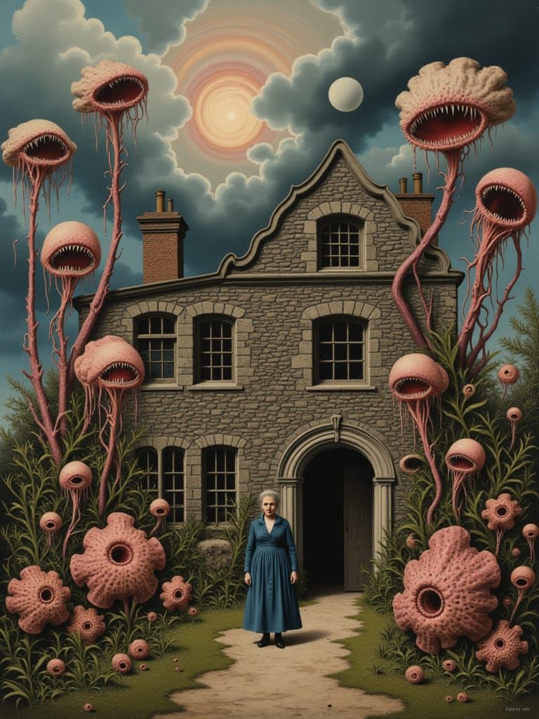 Victorian Lady Amidst Lovecraftian Fungi and Alien Flora