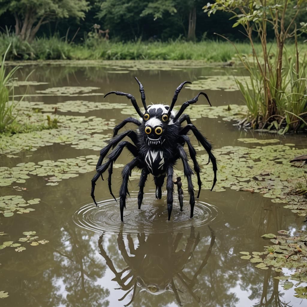 Beetlejuice Spider Rides Goat in Pond