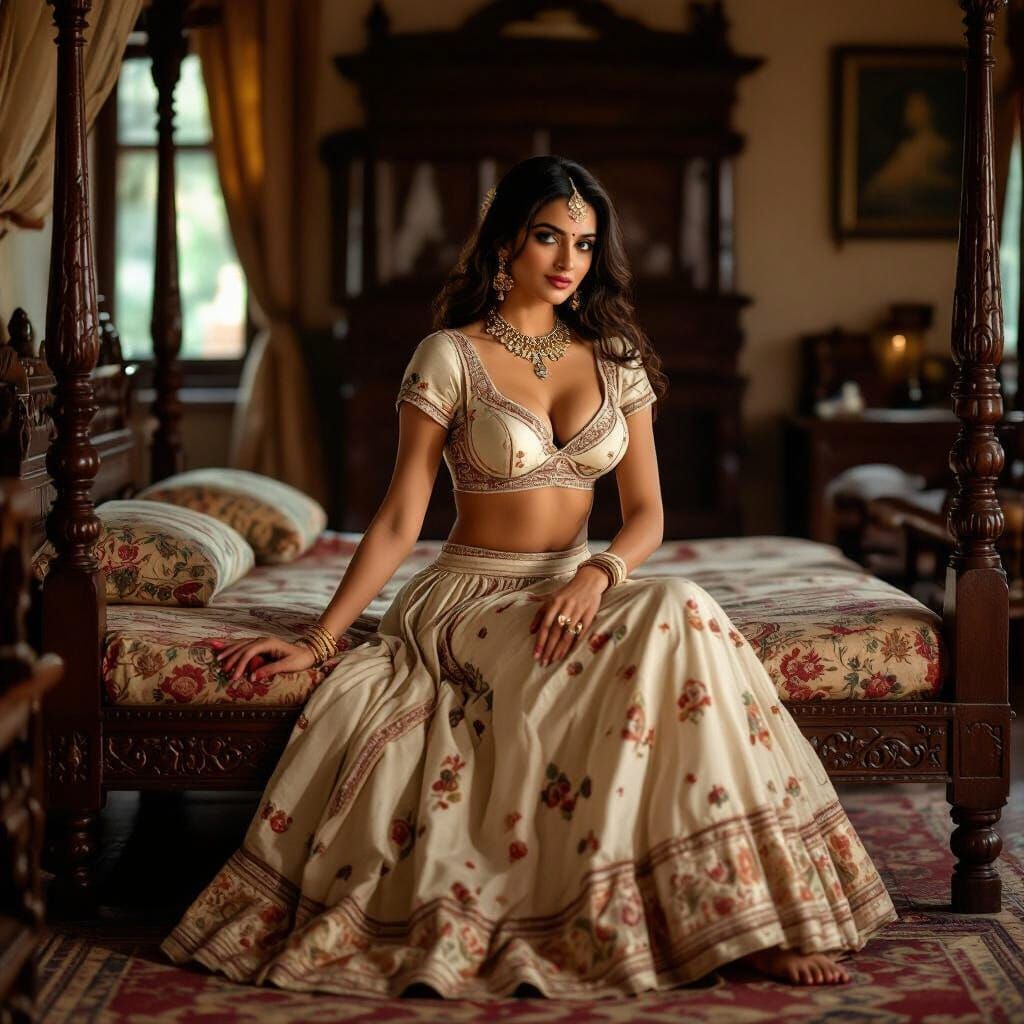 Vintage Indian Miniature Painting of Elegant Woman on Carved...