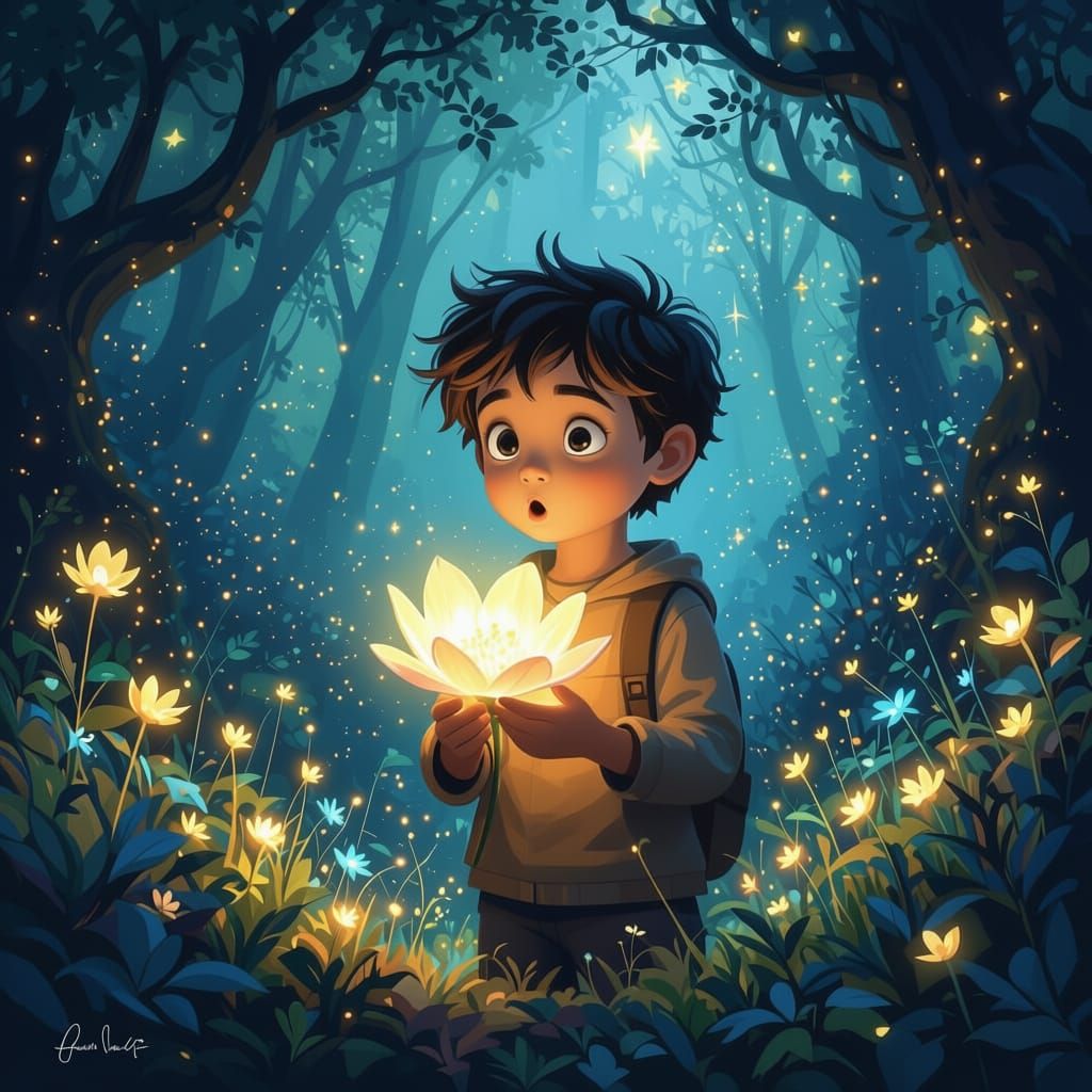 Enchanted Forest Child Holds Luminous Flower in Digital Fant...
