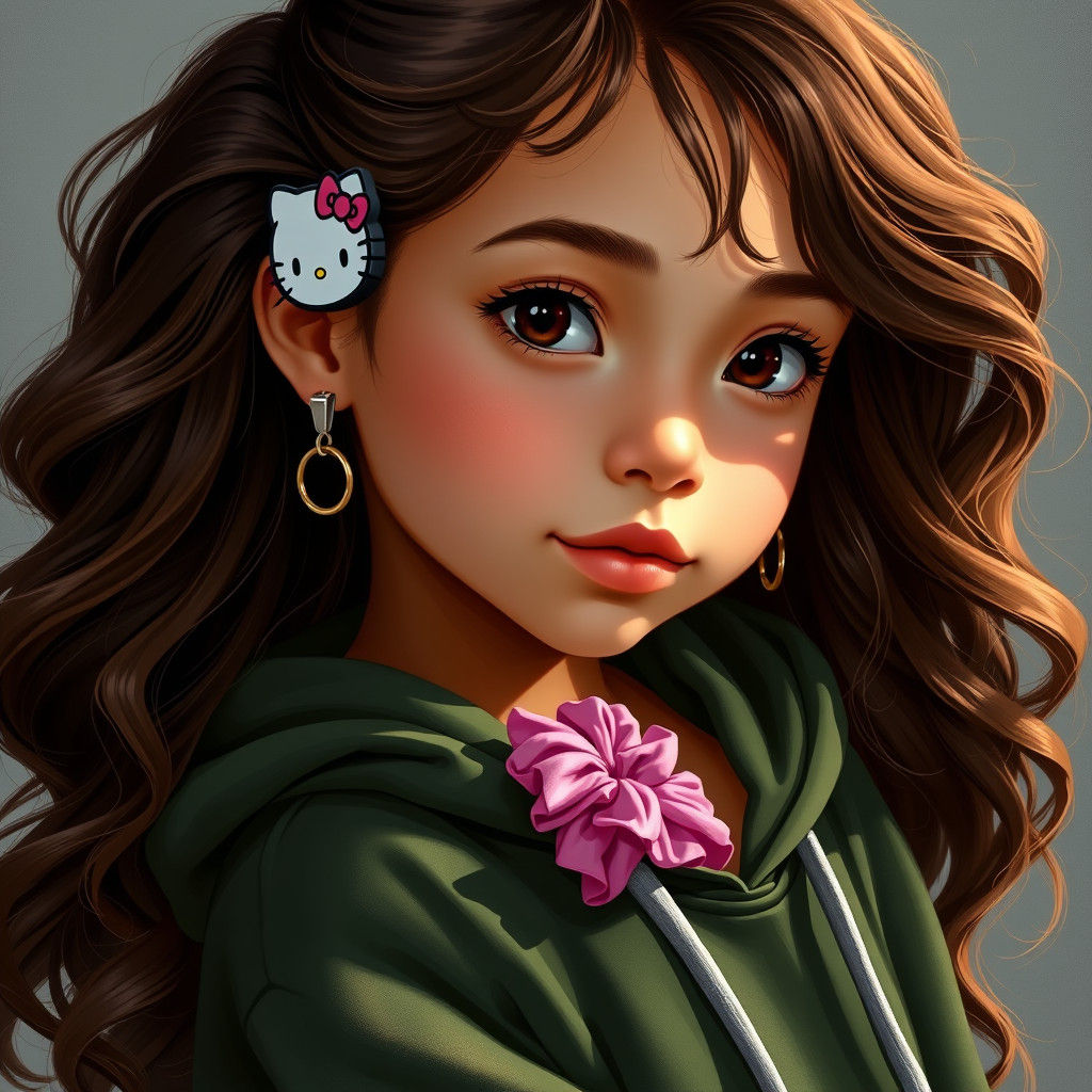 Girl with Hello Kitty Earrings in Realistic Style