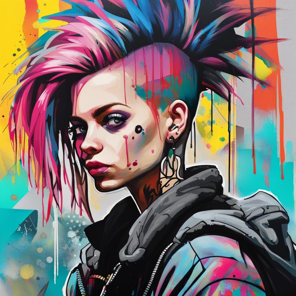 1980s Punk Girl Portrait in Graffiti Art Style