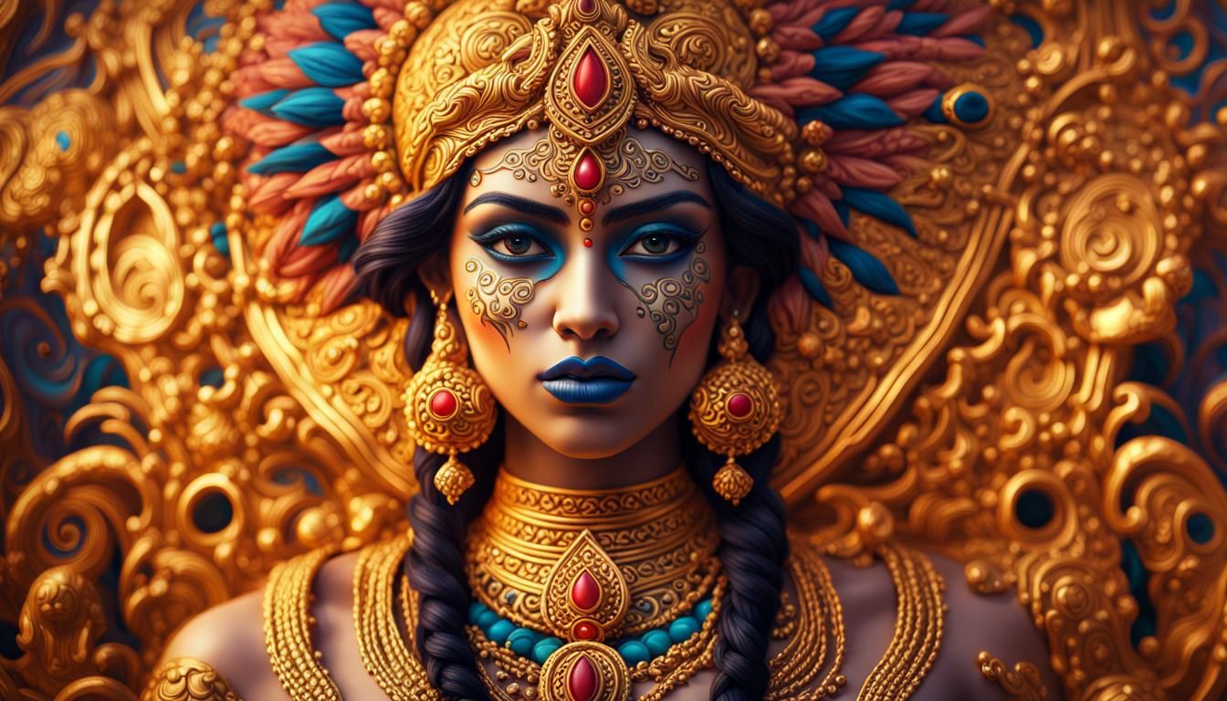 Kali in Golden Palace Fractal Indian Painting
