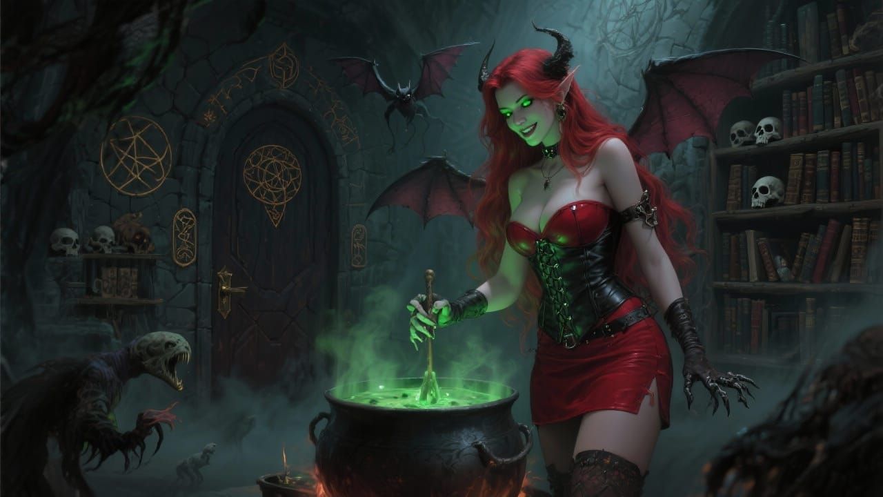 Enchanting Witch Brews Potion in Dark Lair