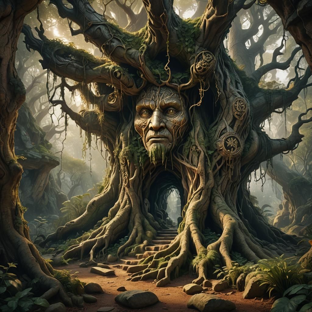 Mystical Forest with Ancient Trees in Golden Light