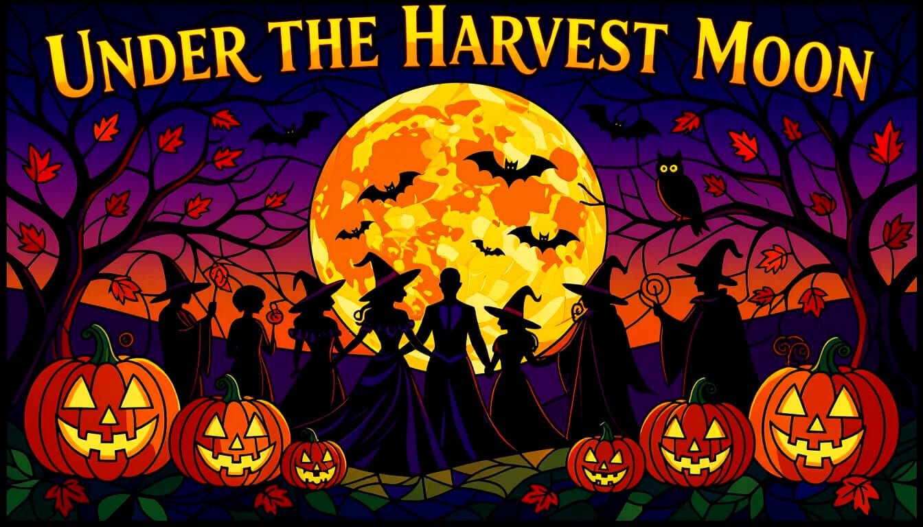 Halloween Celebration Under Harvest Moon in Stained Glass St...