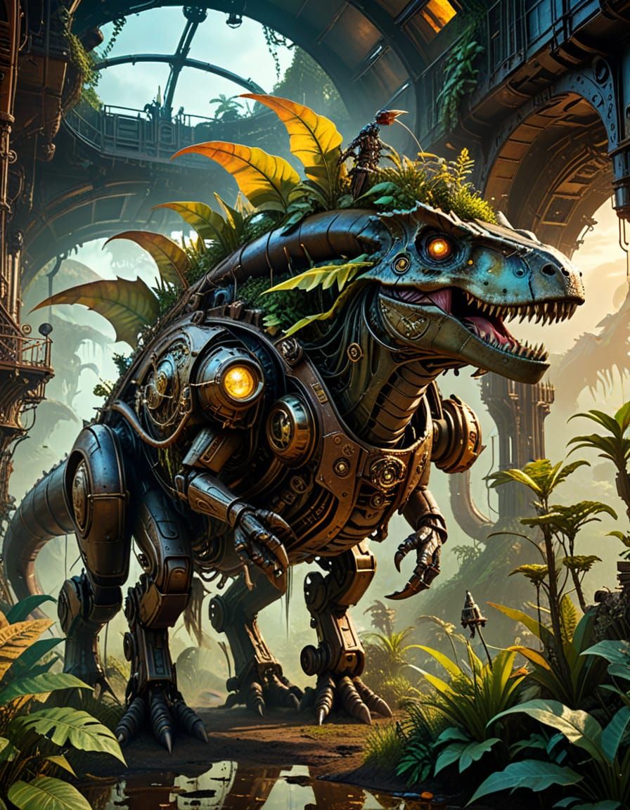 Steampunk Witch on Jurassic Landscape in Surreal Style