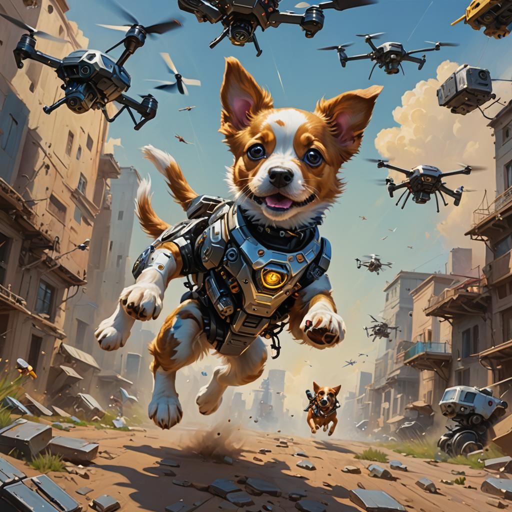 Cyborg Puppy Chasing Drone as Oil Painting