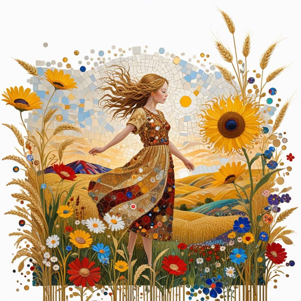Golden Wheat Fields at Sunset in Klimt-Inspired Mosaic Style