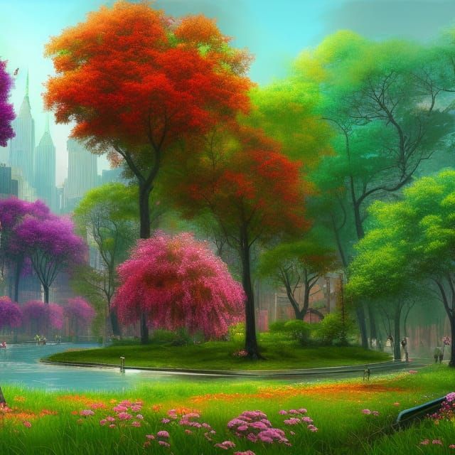 Vintage New York City Park: Detailed Matte Painting