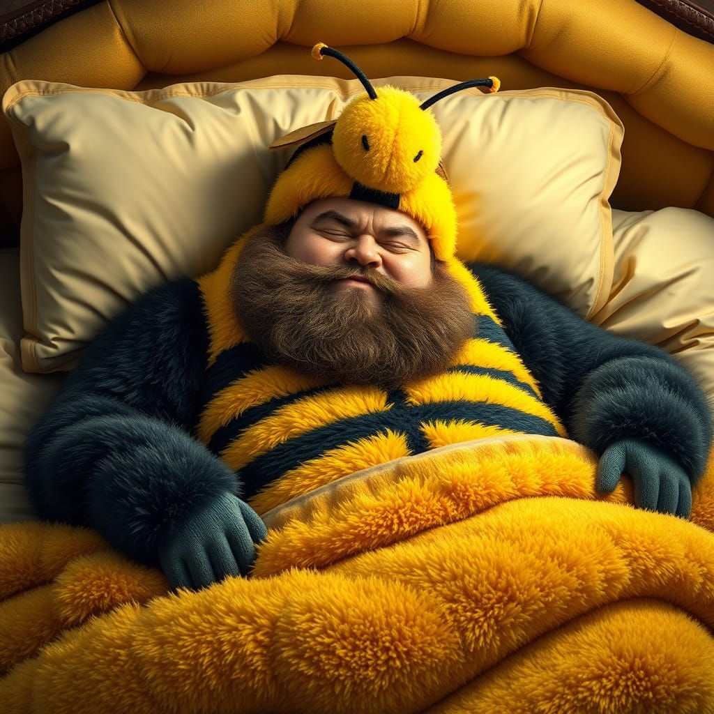 Man in Bumblebee Costume Sleeping: Hyper-Realistic Art