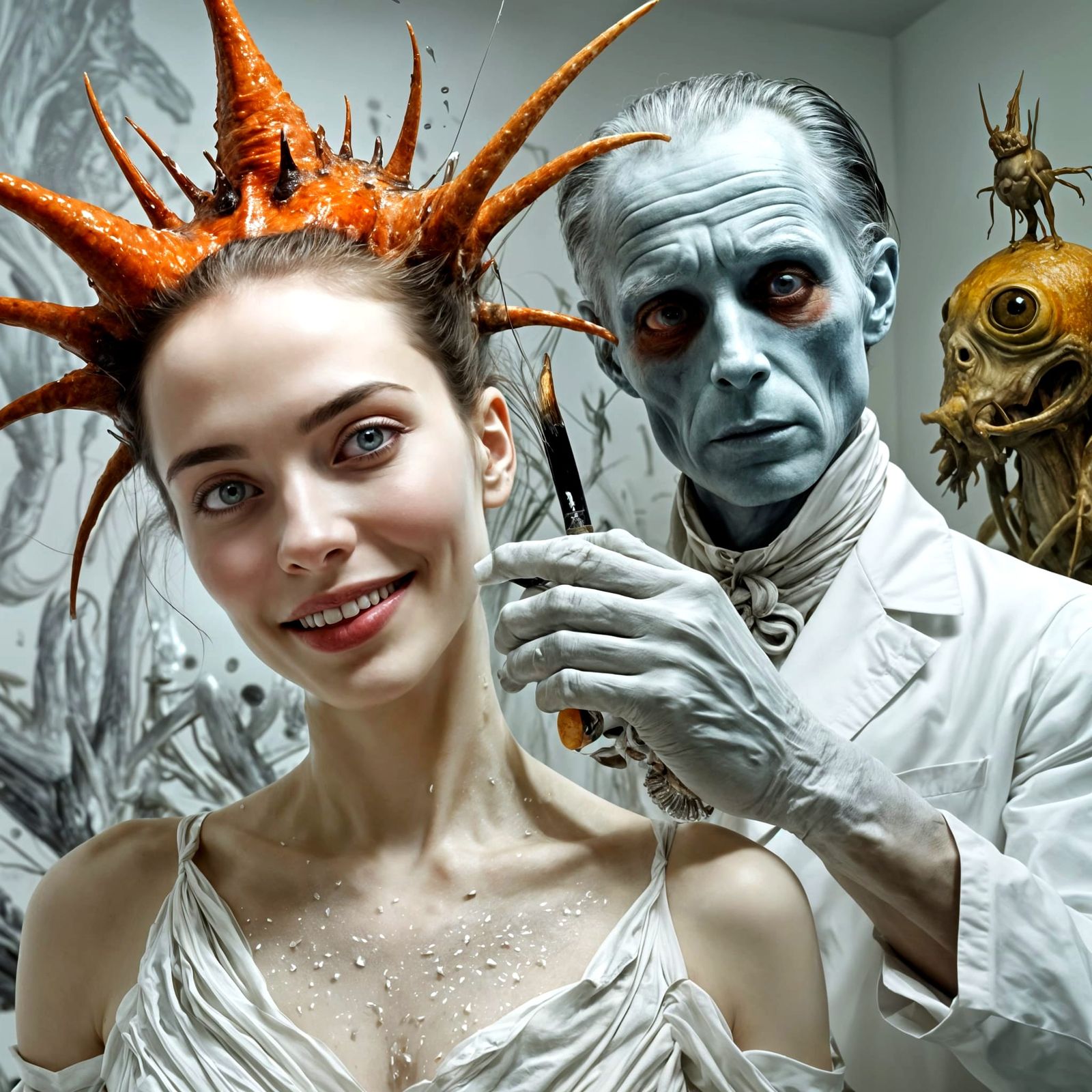 Surreal Portrait: Bizarre Creatures in White Laboratory