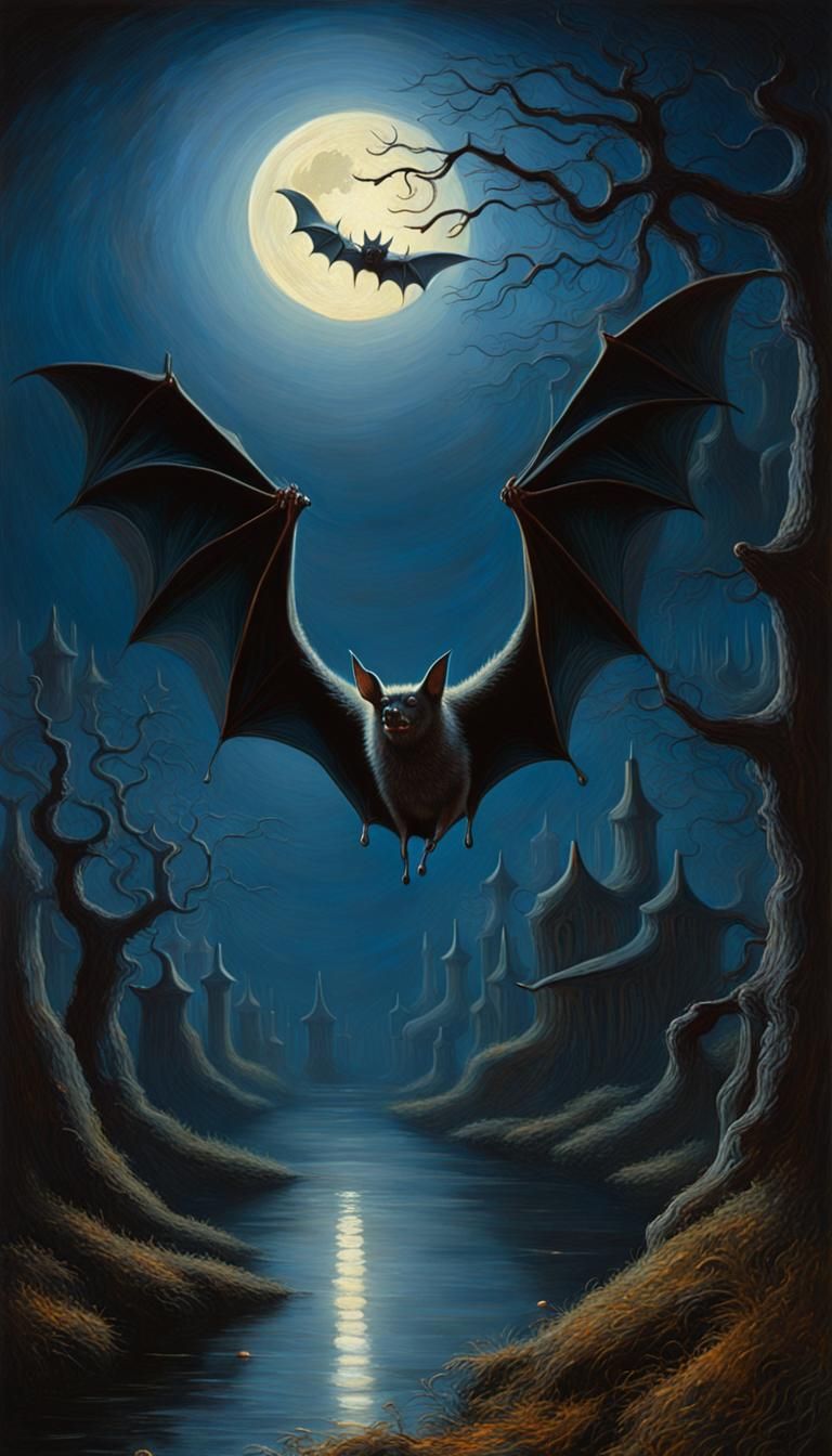 Majestic Bat on Halloween Night: An Oil Painting