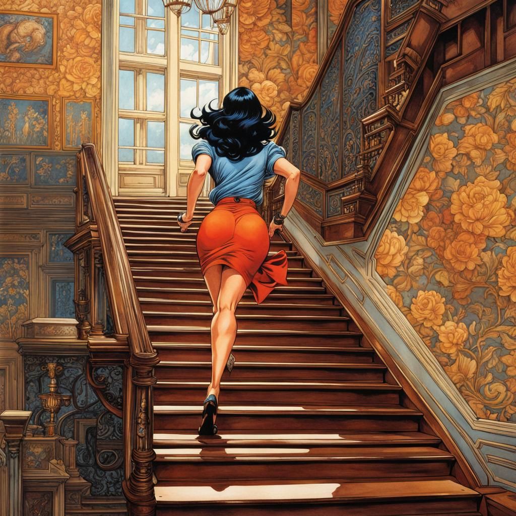 Secretary on Staircase: Colorful Comic Book Illustration