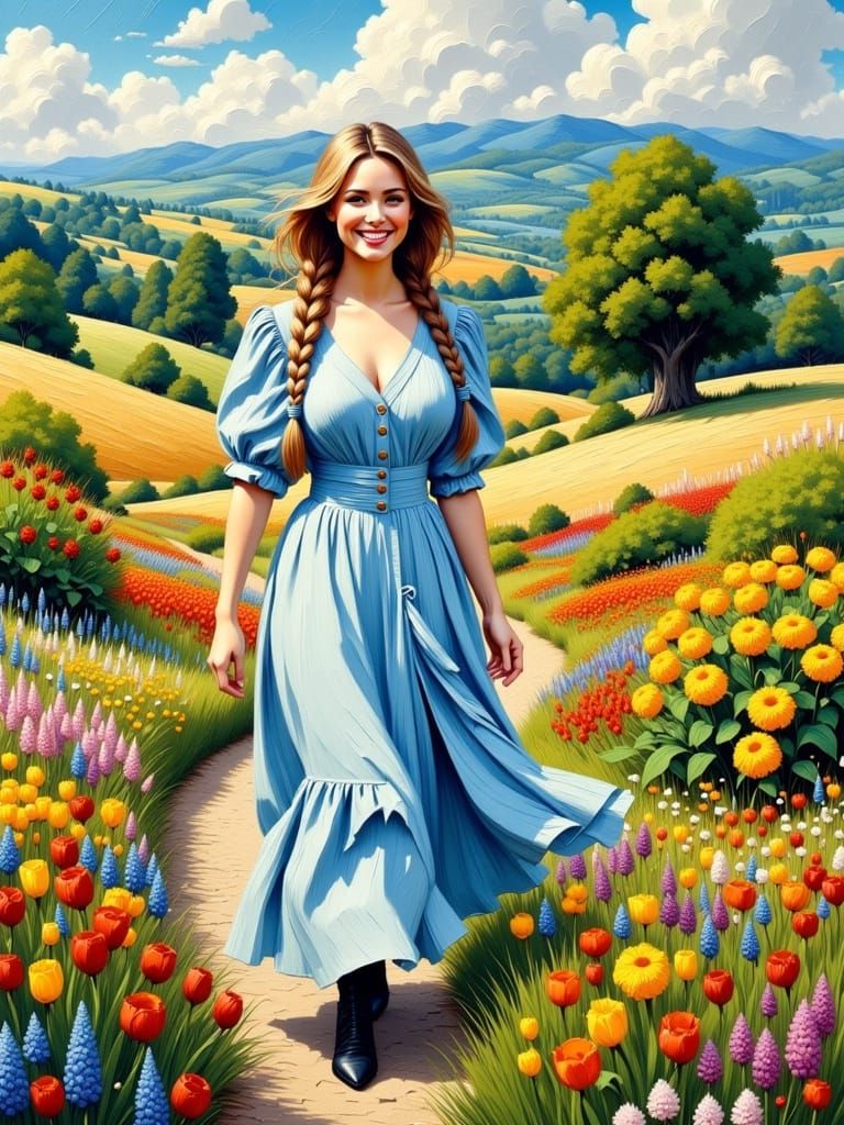 Blonde Woman in Floral Dress in Vibrant Landscape
