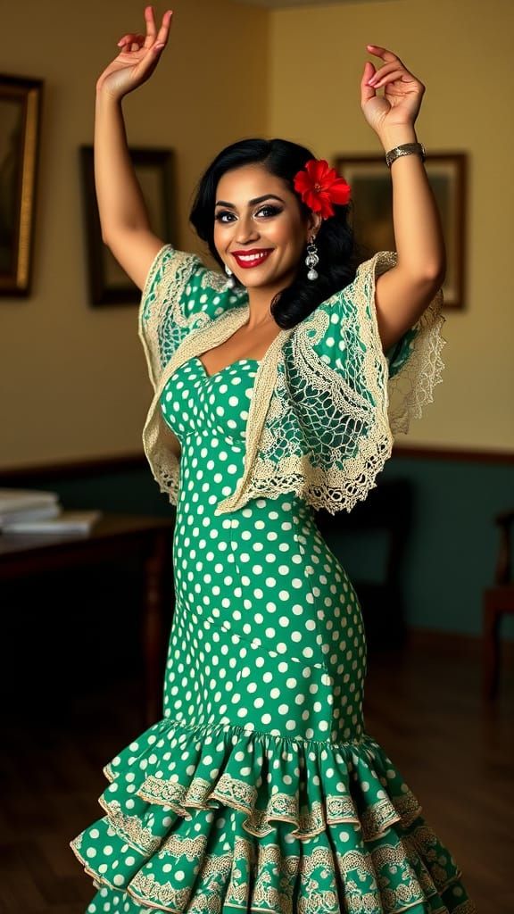 Flamenco Dancer in Green and White Dress