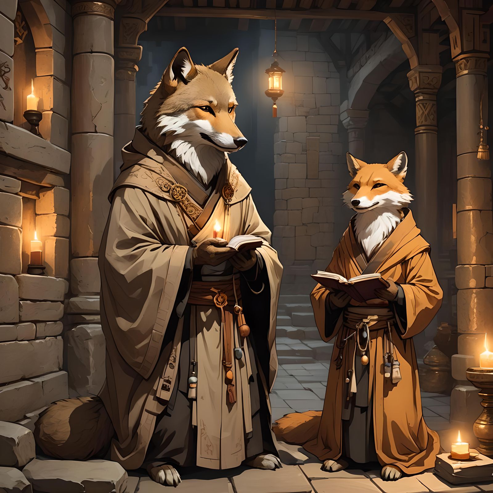 Wolf and Fox Monks in a Peaceful Monastery