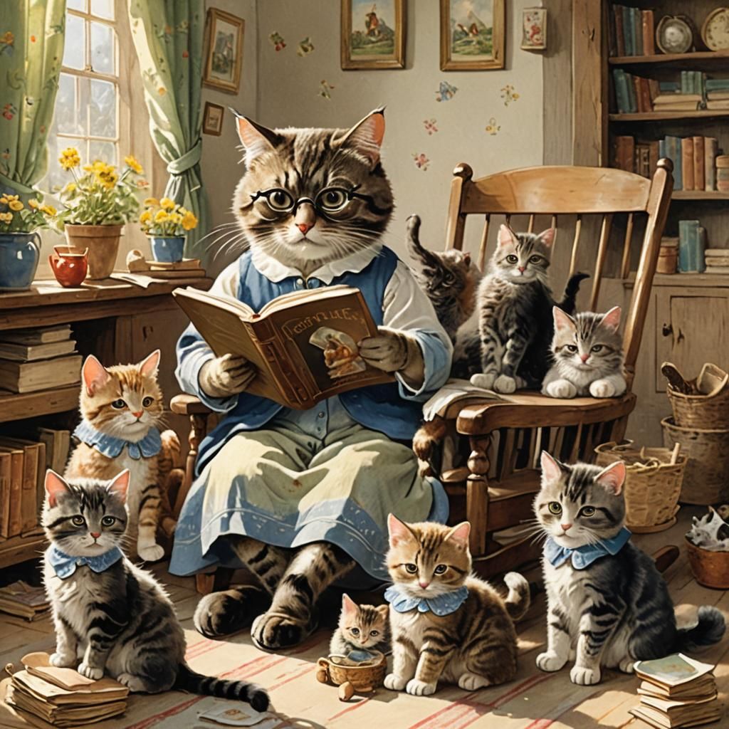 Whimsical Cat Reading to Kittens, Beatrix Potter Style
