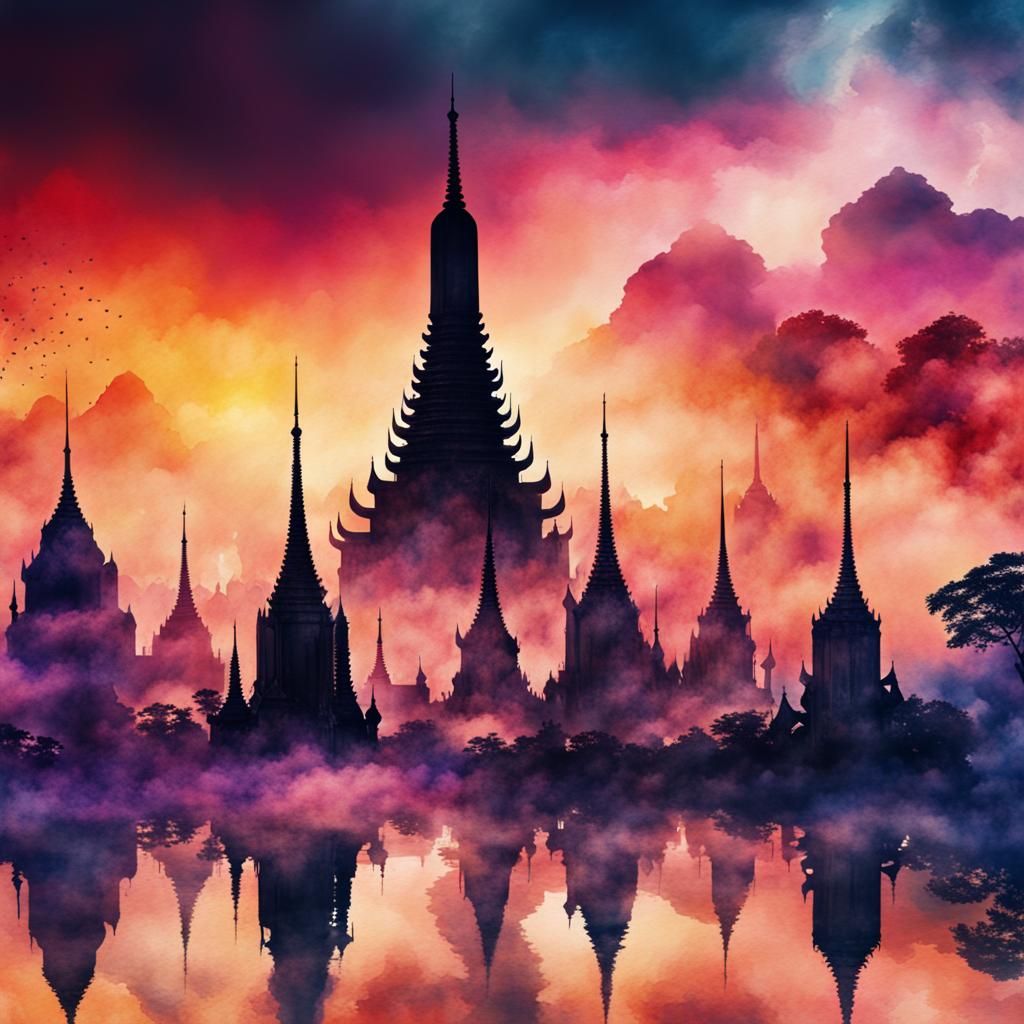 Fantasy Thai Skyline in Watercolor Double Exposure