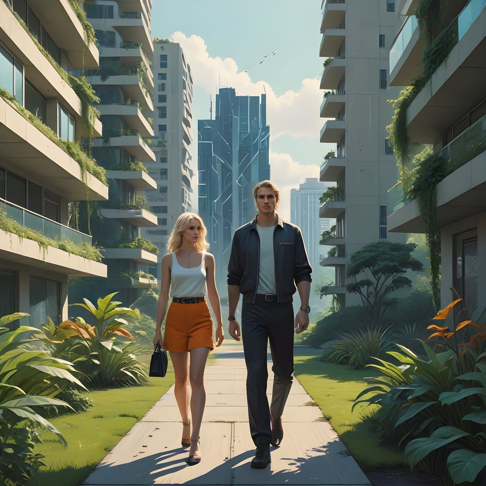 Androgynous Couple Strolls Through a Modern Courtyard