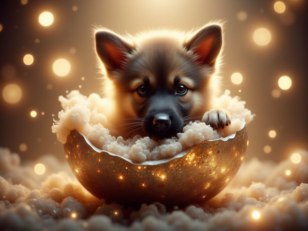 German Shepherd Puppy in Golden Eggshell Wonderland