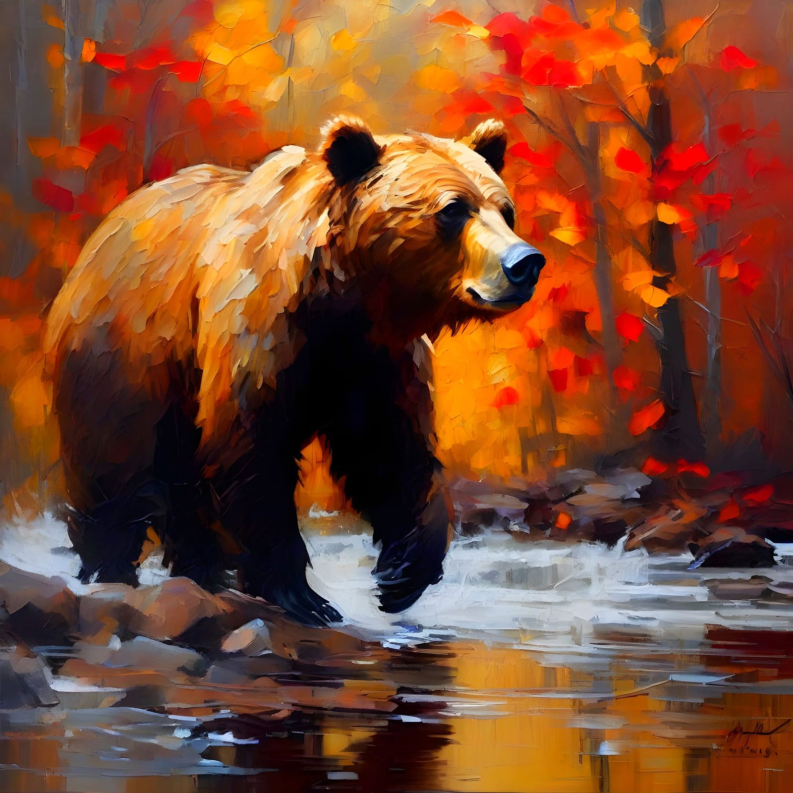 Grizzly Bear Fishing: An Impasto Oil Painting