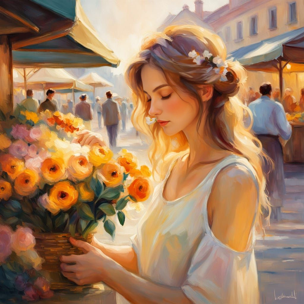Woman in Sundress Smelling Flowers