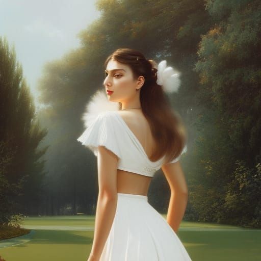 A painting of a pretty lady all in white in a garden setting