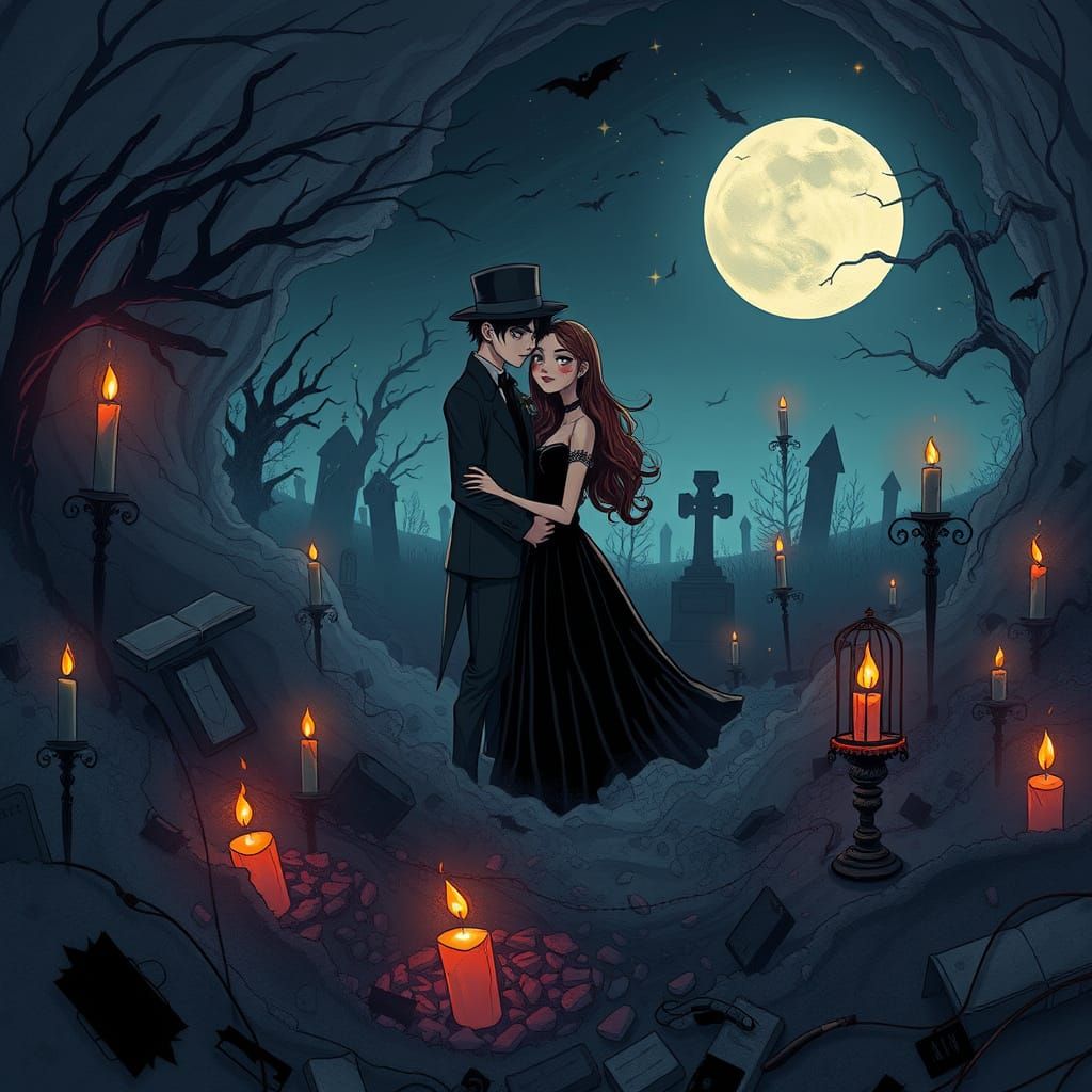 Ethereal Emo Goth Lovers in a Haunting Cartoon Graveyard Sce...