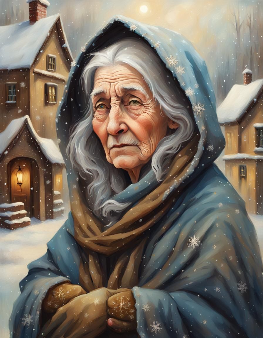 Old Woman in Snowy Village: Oil Painting Portrait