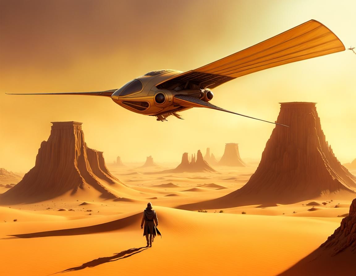 Ornithopter Flight Over Desert, Retrofuturistic Sci-Fi Art