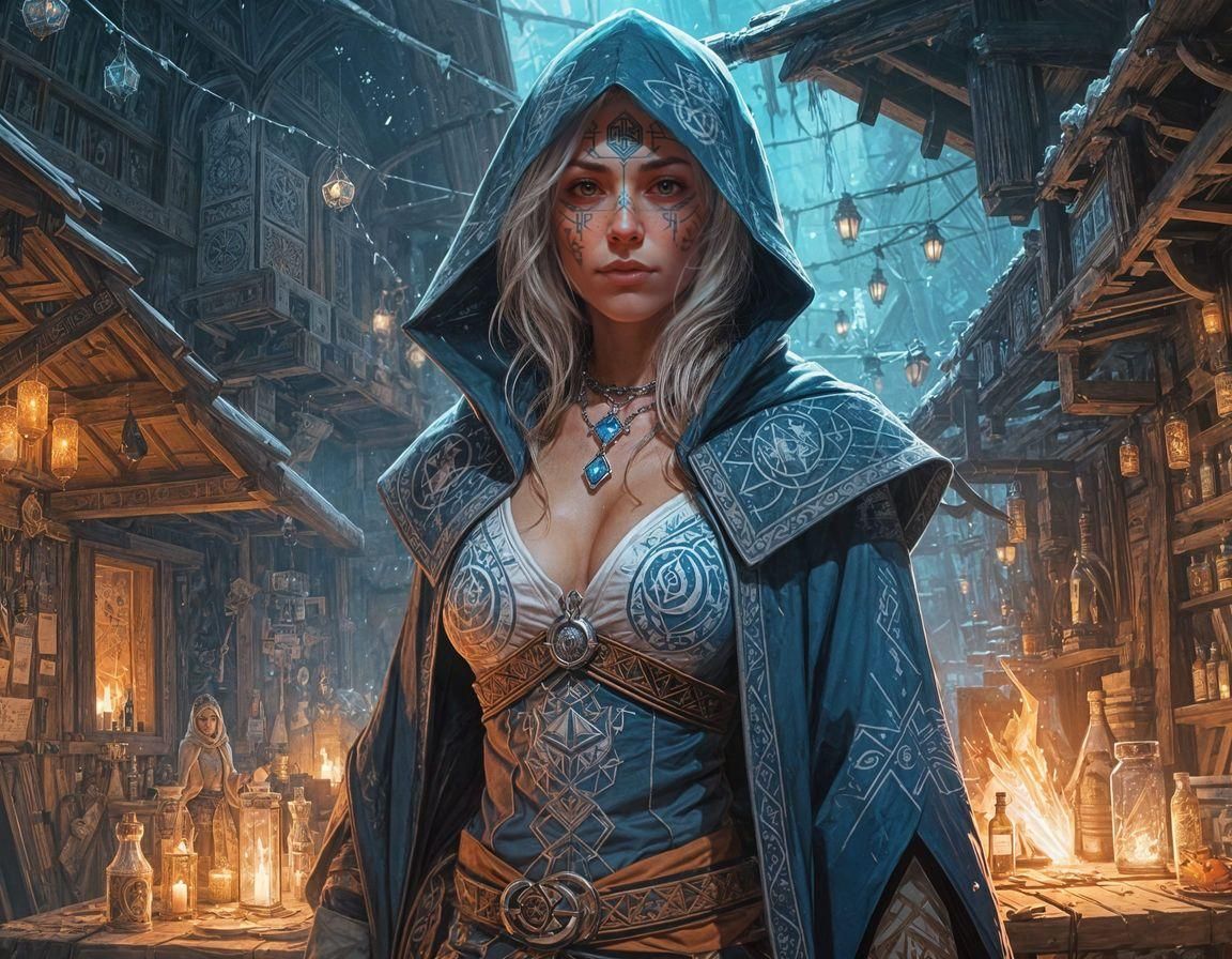 Crystalline Woman with Runic Tattoos in Tavern