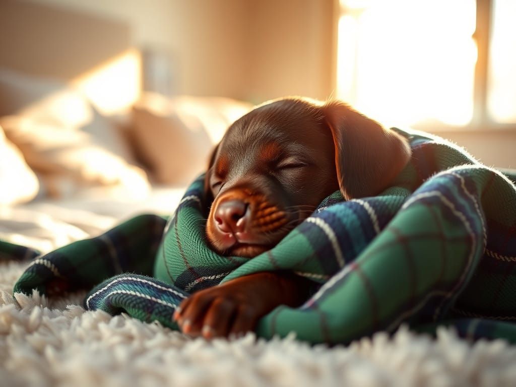 Cozy Chocolate Labrador Puppy in Tartan Blanket