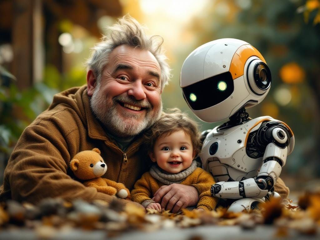 Humorous Family Photo: Man with His Robot Family