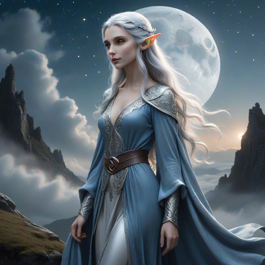Elegant Elf on Moonlit Hilltop: Realistic Fantasy Portrait