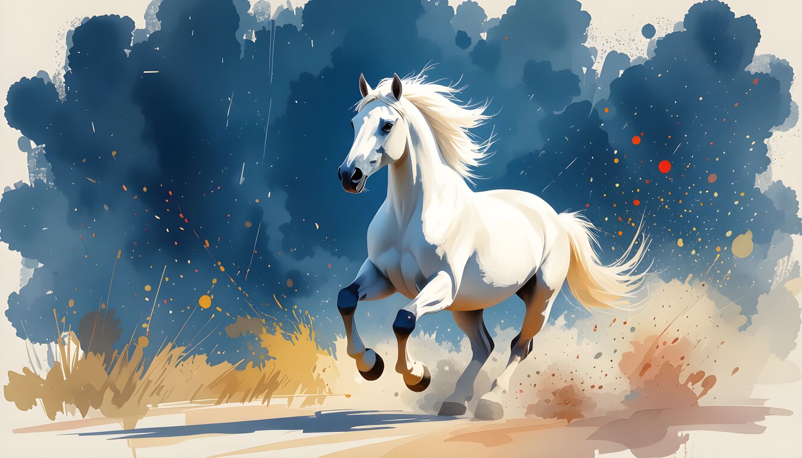 White Stallion Galloping with Watercolor Splash Effect