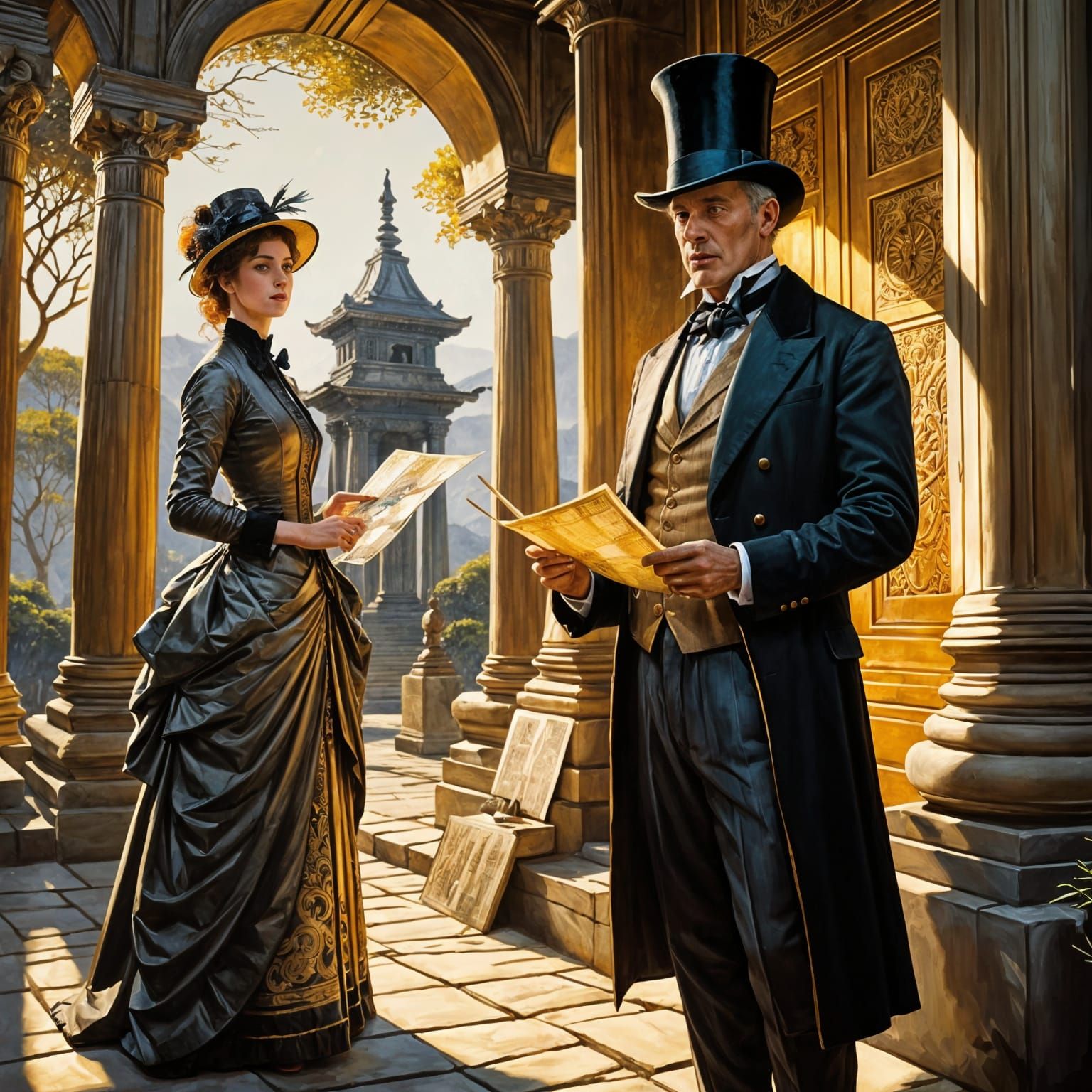 Edwardian Travelers at Ancient Temple: Tissot-Style Painting