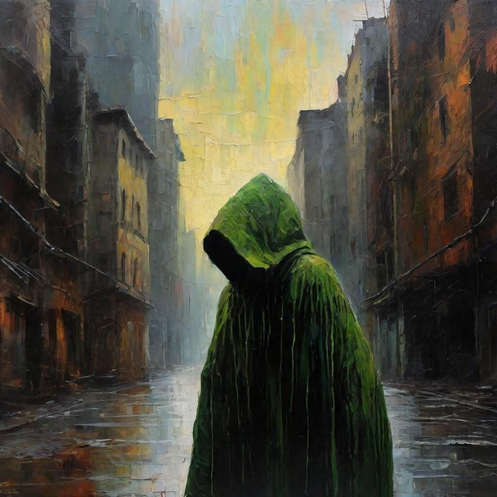 Eerie Elf in Dystopian Cityscape as Impasto Painting