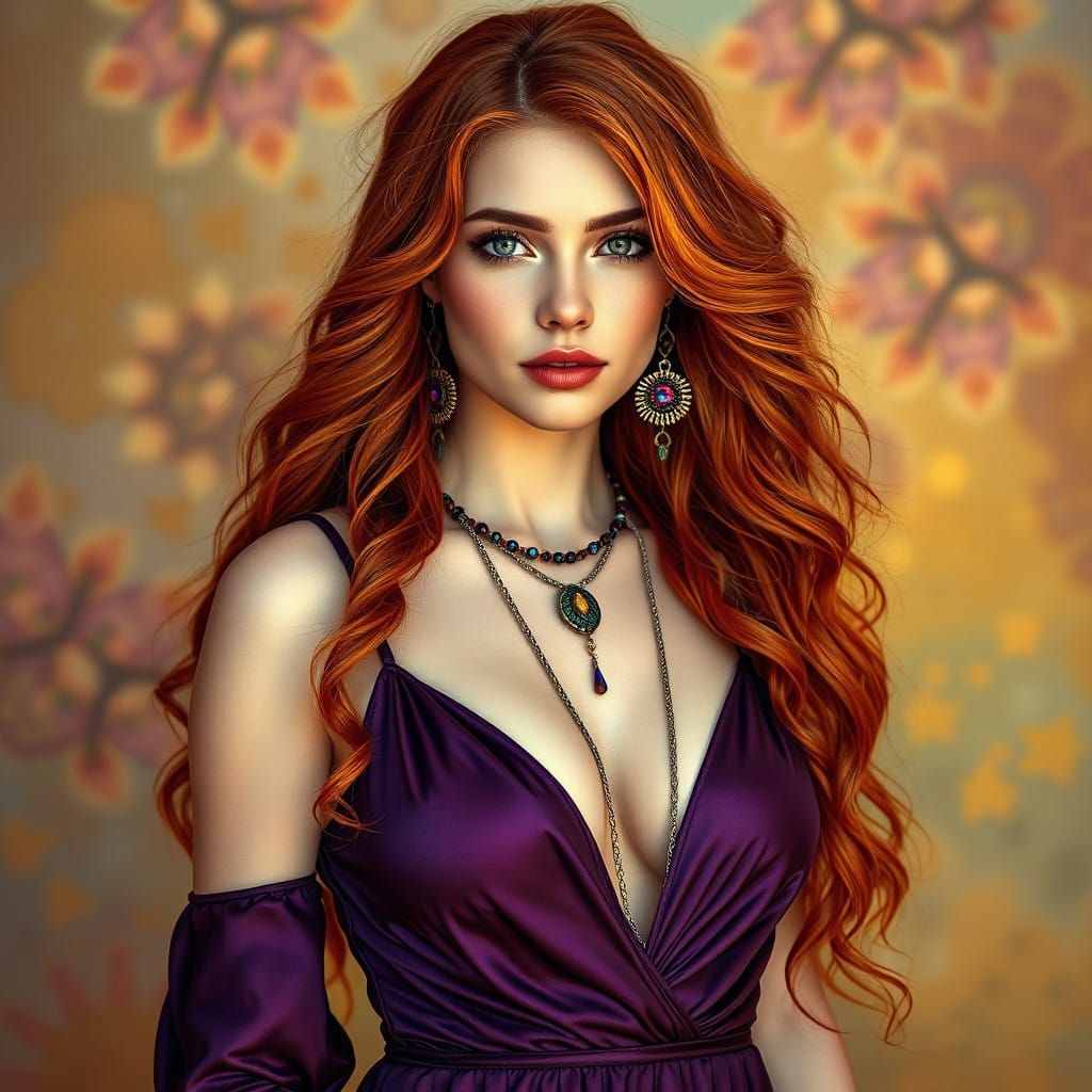 Ethereal Woman in Deep Purple, Green Eyes, and Vibrant Red H...