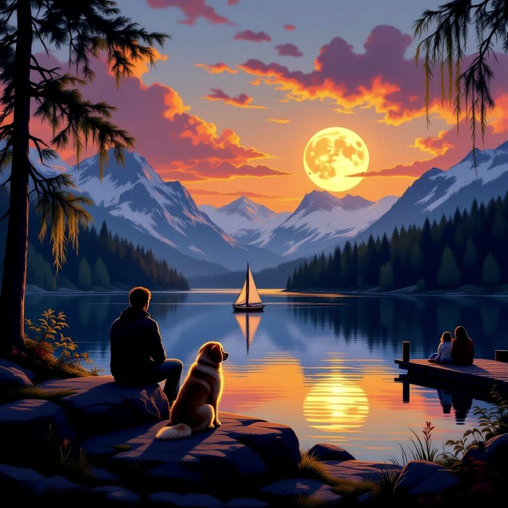 Man and Dog Find Peace by Tranquil Lake