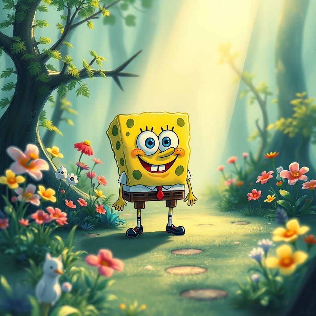 Whimsical Ghibli-Inspired SpongeBob in Lush Landscape