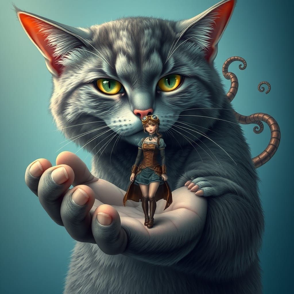 Steampunk Cat God Holds Human in Surreal World