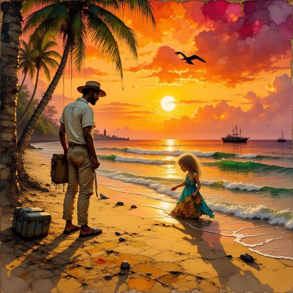 Sunset Beach Scene in Late 19th Century Academic Style