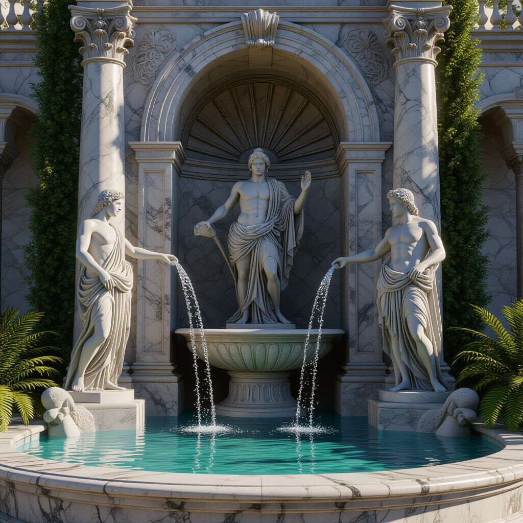 Roman Fountain with Marble Gods: Detailed Digital Art