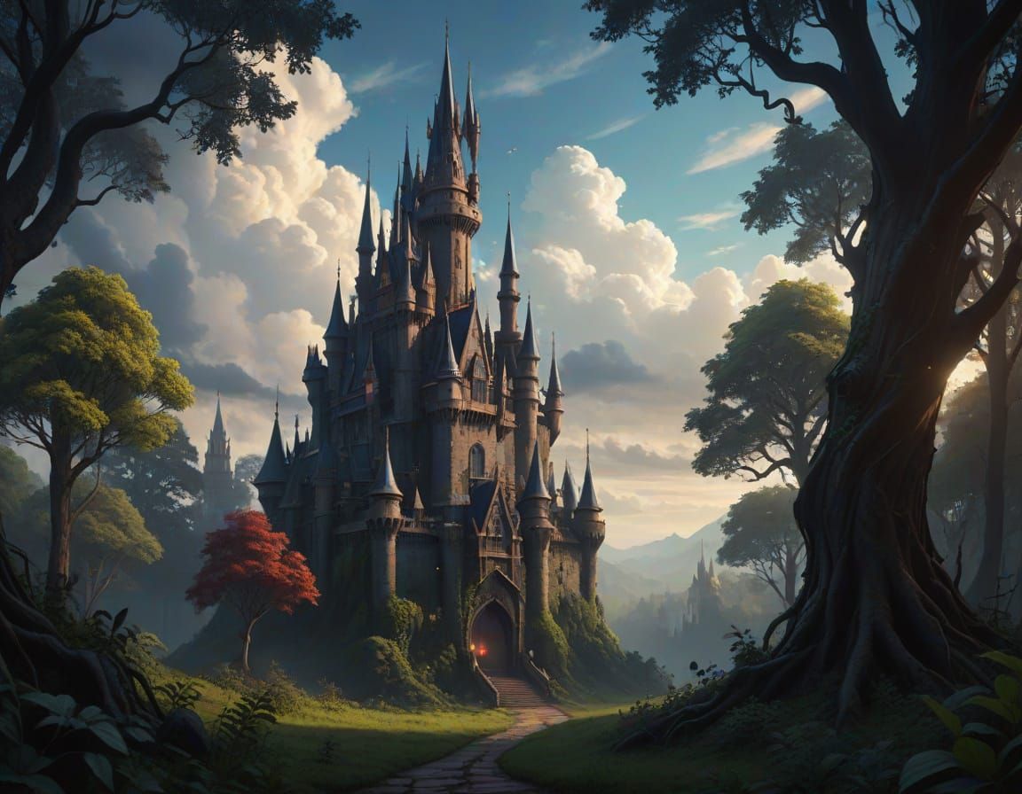 Dark Fantasy Castle in a Mystical Forest, Gothic Spire Illus...