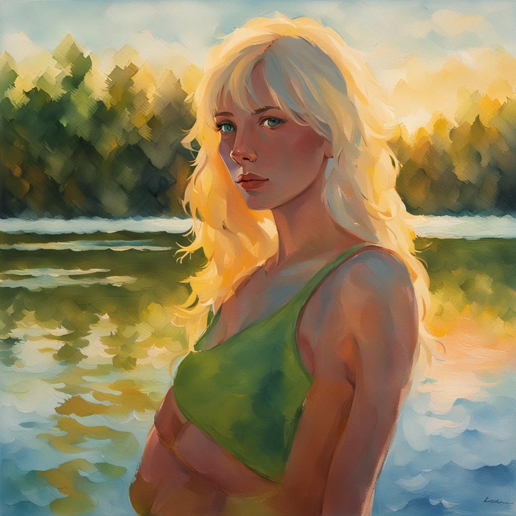 Blond Woman at Lake in Impressionist Style