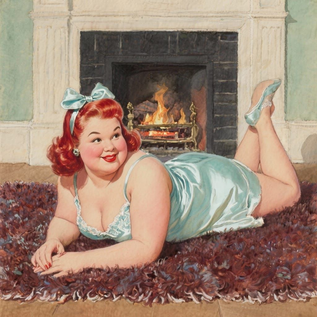 Chubby 1950s Pin-Up Girl in Satin Nightie