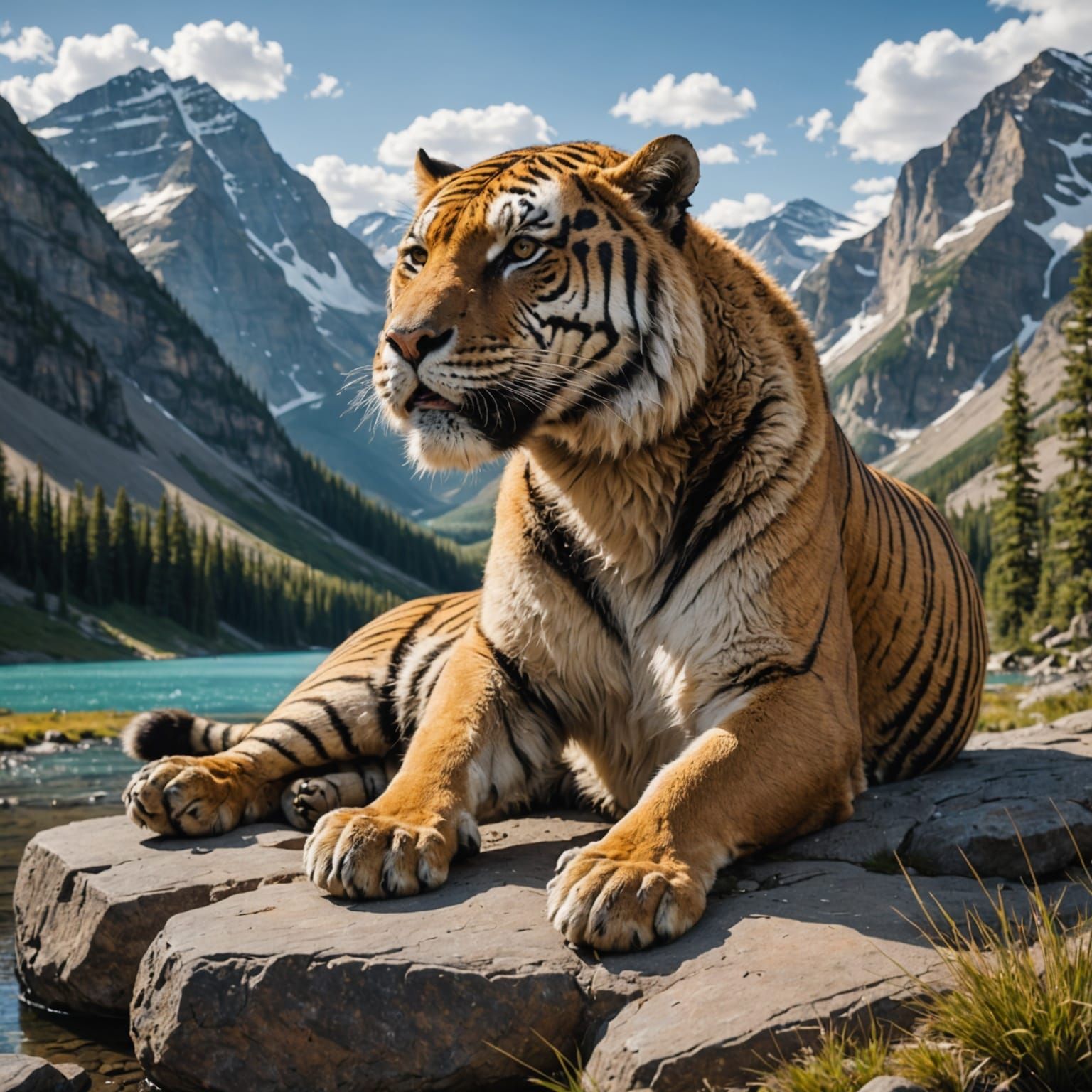 Sabre-Tooth Tiger Lounging by Mountain Lake