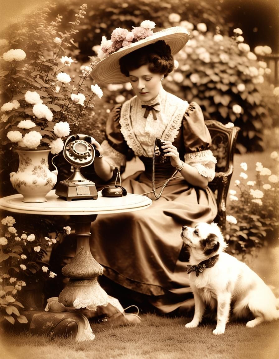 Victorian Woman with Telephone in Sepia Photograph